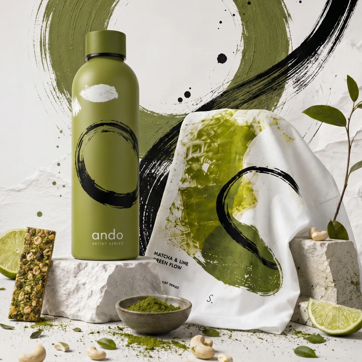 Matcha and Lime с бутылкой, футболкой и продуктом
